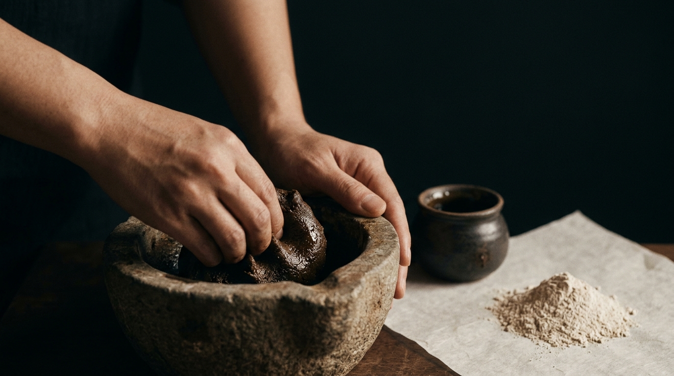 雙手在青瓷缽裡揉合香泥,傳統合香和料工序
